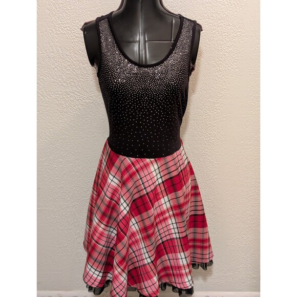 JUSTICE GIRLS SZ 18 SPARKLE BLACK DRESS WITH PLAID SKIRT PEEKING TULLE RED PLAID - Picture 1 of 11